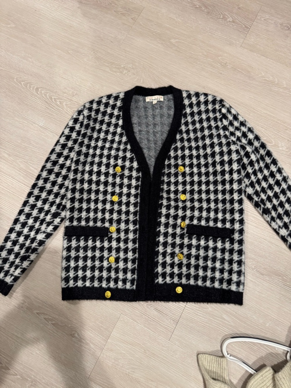 Classic Black & White Houndstooth Cardigan with Gold Buttons
